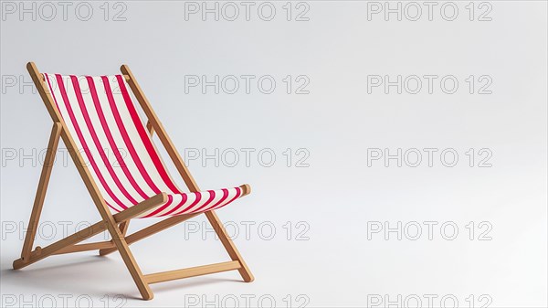 A red and white striped beach chair with wooden legs and copy-space. The chair is empty and is