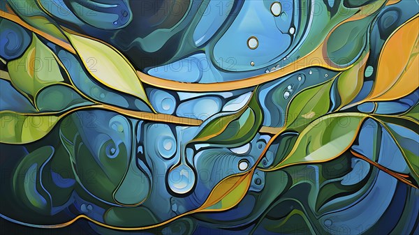 Abstract digital painting embodying sustainability with intertwining leaves glisten with water