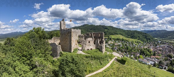 Aerial view, panorama of Staufen Castle, on a vineyard, Schlossberg, Staufen im Breisgau,