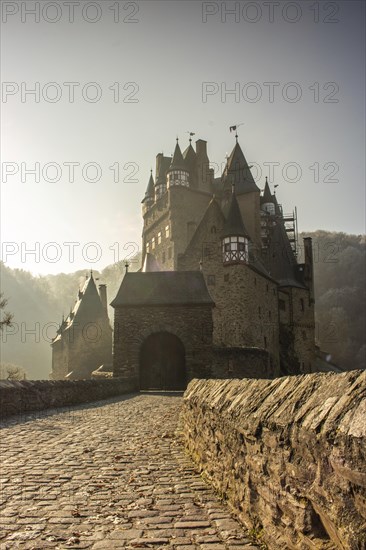 View of Eltz Castle. A landscape in autumn on a frosty morning with ripe and fog. The famous castle