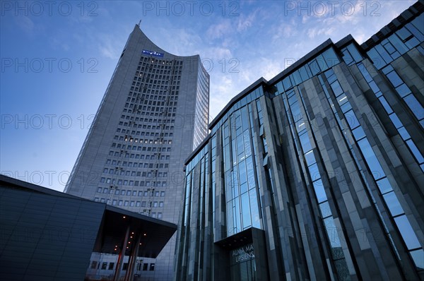 Gewandhaus, City-Hochhaus, mdr, Logo, University Alma Mater Lipsiensis, Leipzig, Saxony, Germany,