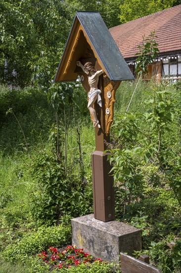 Typical wooden wayside cross, field cross, crucifix, open-air museum Neuhausen ob Eck, district of