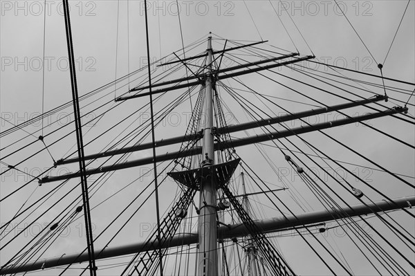 Old sailing ship in the Hamburg Harbour Museum, black and white, Hanseatic City of Hamburg,