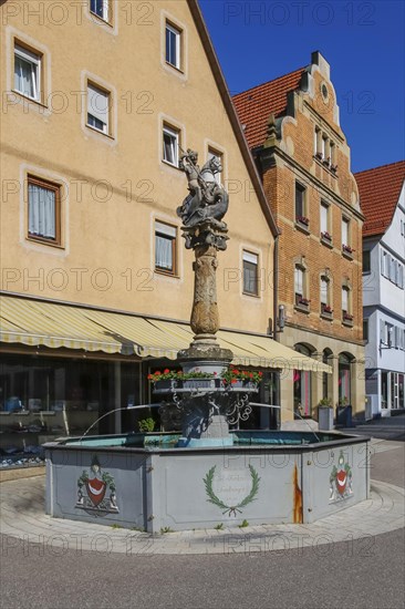 St George's Fountain, dragon slayer, column of the four-tube fountain, statue of St George by Jakob