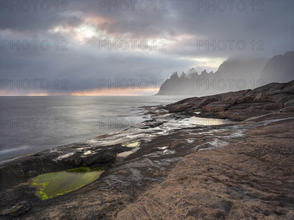 Devil's teeth in the fog at sunset, Devils Teeth, Okshornan Mountains, Tungeneset, Senja, Norway,