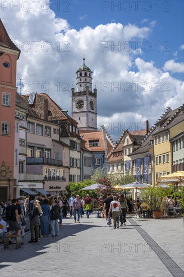Gespinstmarkt, pedestrian zone with the Blaserturm in the historic old town of Ravensburg,