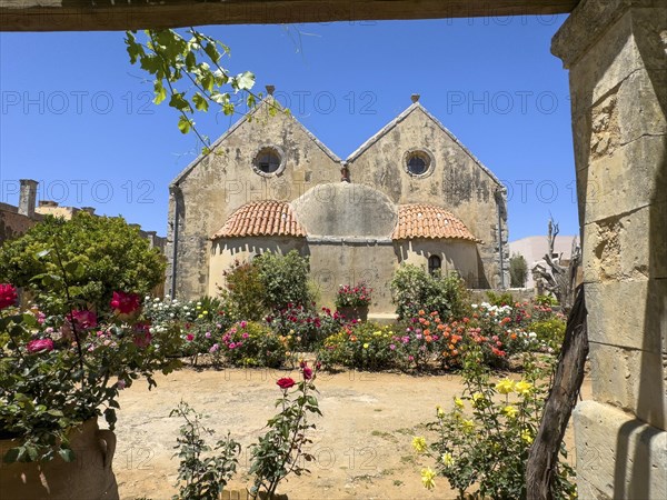 View of rear wall of double-aisled church building Church of Arkadi Monastery with double apse in