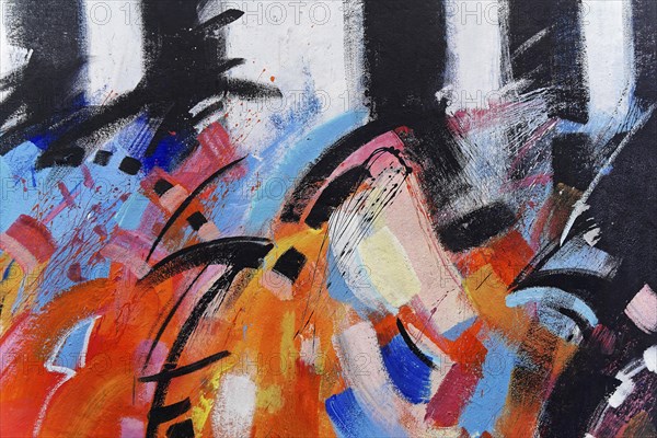 Abstract painting with vibrant colours and dynamic brushstrokes, creating an energetic atmosphere,
