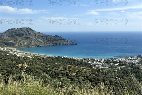 View from elevated position on bay of Plakias with turquoise blue water on south coast of Crete