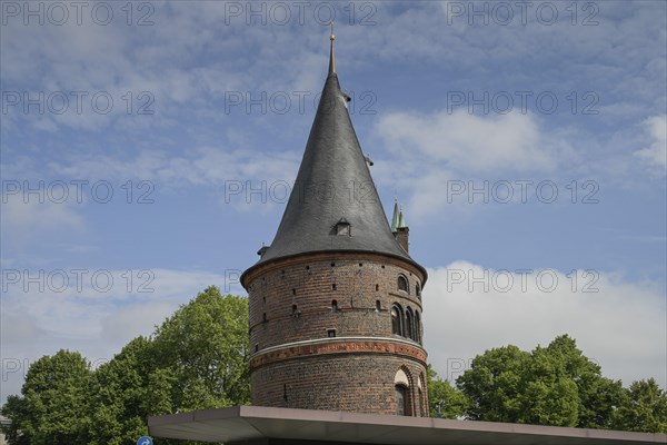 Holstentor, view from south, oblique position, Holstentorplatz, Luebeck, Schleswig-Holstein,