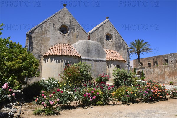 View of rear wall of two-aisled church building church monastery church dedicated to Saints