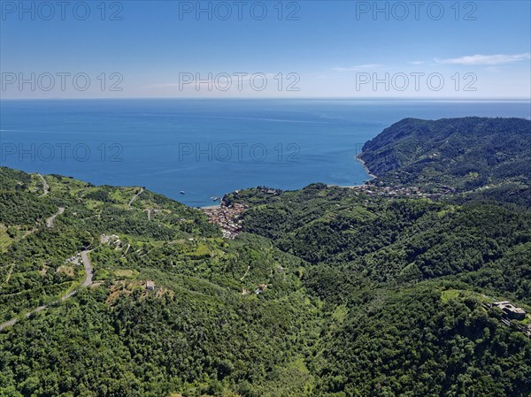 Wooded slopes in the landscape around the small town of Levanto on the Ligurian coast, Liguria,