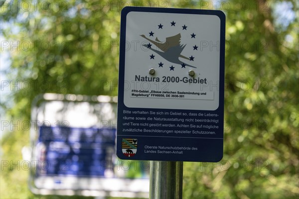 Sign pointing to the Natura 2000 protected area, surrounded by nature, Hohenwarthe, Saxony-Anhalt,