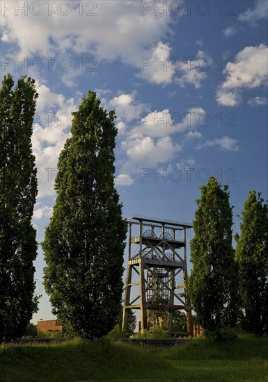 Gneisenau district park with the double trestle structure of the disused colliery, Derne, Dortmund,