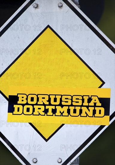 Right of way sign with Borussia Dortmund sticker, symbol photo, Dortmund, Ruhr area, North