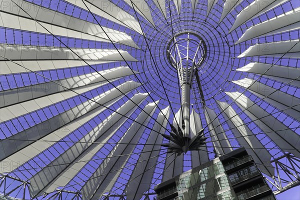 Dome, Sony Centre, Mitte, Berlin, Germany, Europe, Modern metal roof construction against a purple