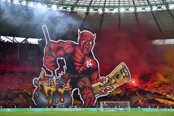Red Devil with cup, choreo, choreography, fan action fan block, fans, fan curve, flags, flags,