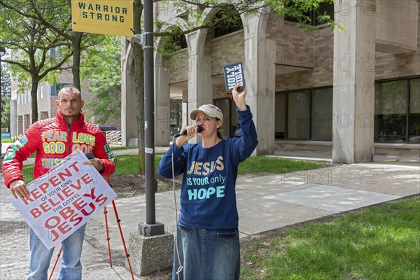 Detroit, Michigan, Adam and Reina LaCroix preach for Jesus on the campus of Wayne State University.