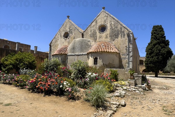View of rear wall of double-aisled church building Church of Arkadi Monastery with double apse in