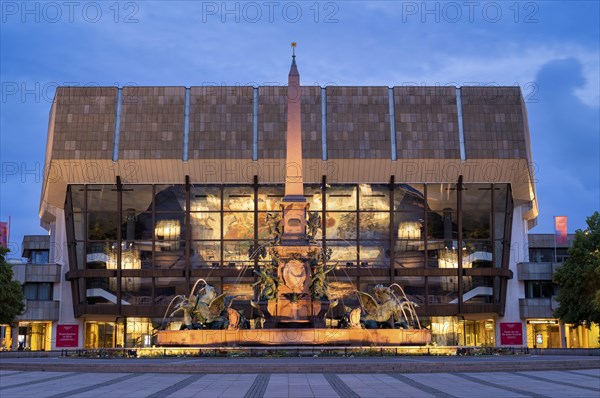 Gewandhaus, Konzerthaus, Mendebrunnen, Augustusplatz, evening mood, blue hour, Leipzig, Saxony,