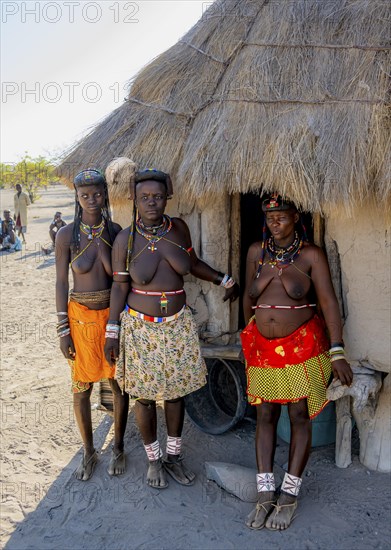 Three Hakaona woman with traditional kapapo hairstyle and hair ornaments with ostrich feathers, in