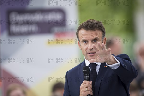 Emmanuel Macron (President of the French Republic) at the stage talk in the dialogue forum at