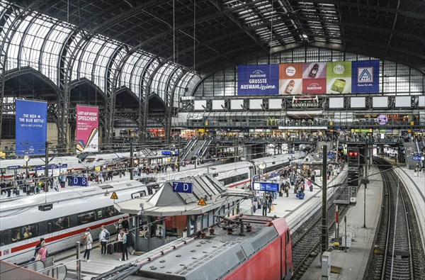 Train, ICE, passengers, platform, station concourse, main station, Hamburg, Germany, Europe