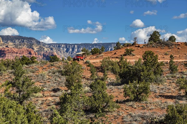 Tourists on Red Rock Jeep Tour look out over the valley in Sedona, Arizona, USA, North America