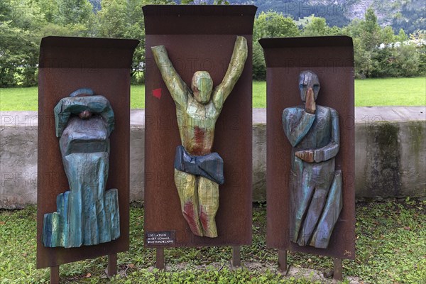 Modern wood carving of the crucifixion scene, Bad Hindelang, Allgaeu, Bavaria, Germany, Europe