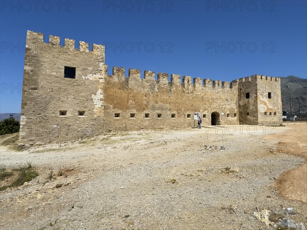 Exterior view with two corner towers walls battlements entrance of Fort Fortezza Fortetza
