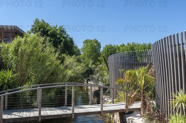 Modern wooden architecture in the holiday home development on the Plage de Port Grimaud beach, Port