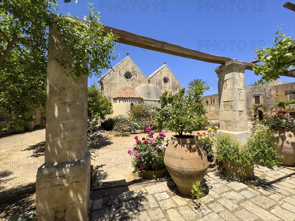 View of rear wall of double-aisled church building Church of Arkadi Monastery with double apse in