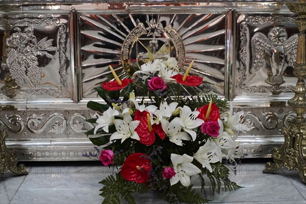 Basilica de Nuestra Senora, Candelaria, Tenerife, Canary Islands, Spain, Europe, Flower arrangement