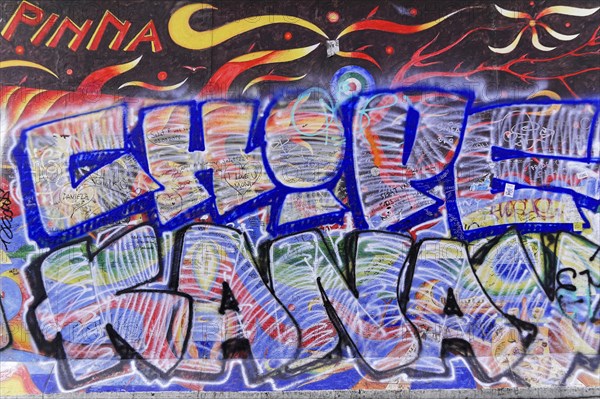 Mural with fiery designs and a large blue graffiti lettering in the foreground, overlaid with text,