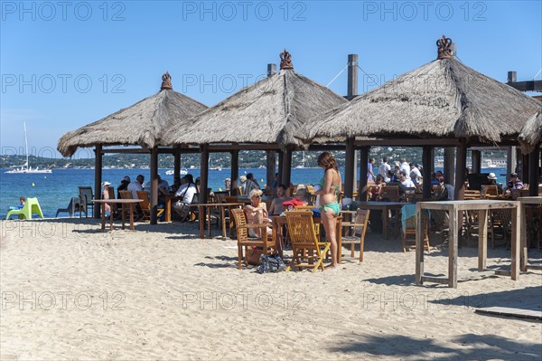 Bathing beach, Plage de Port Grimaud, Port Grimaud, Var, Provence-Alpes-Cote d Azur, France, Europe
