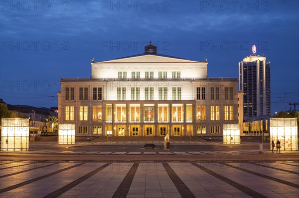 Opera, Winter Garden Tower, Augustusplatz, evening mood, blue hour, Leipzig, Saxony, Germany,