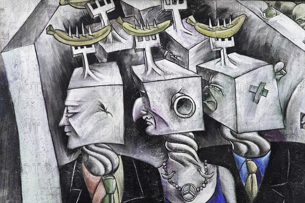 Graffiti on the Berlin Wall in the East Side Gallery, Berlin, Germany, Europe, Surrealist artwork
