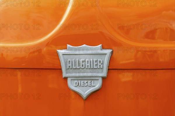 Allgaier Diesel, Porsche tractor, sheet metal logo on orange painted bonnet, Offenbach, Dreieich,