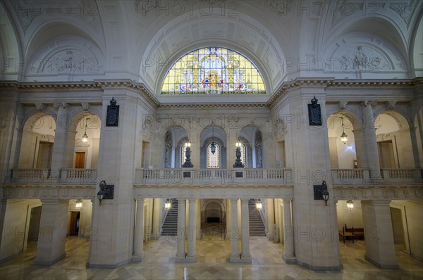 Interior view, main staircase to the gallery, gallery, with group of figures Damnation and