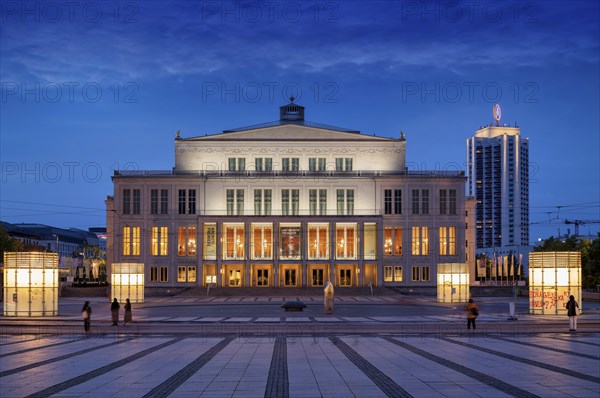 Opera, Winter Garden Tower, Augustusplatz, evening mood, blue hour, Leipzig, Saxony, Germany,