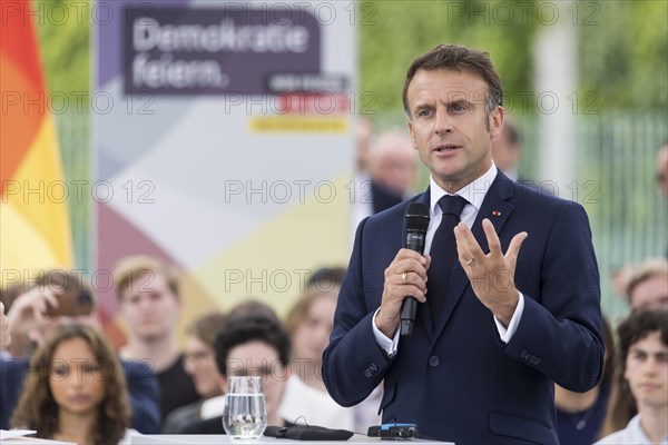 Emmanuel Macron (President of the French Republic) at the stage talk in the dialogue forum at