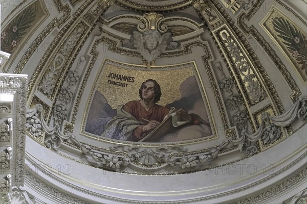 Interior view of Berlin Cathedral, Berlin, Germany, Europe, mosaic of St John the Evangelist,