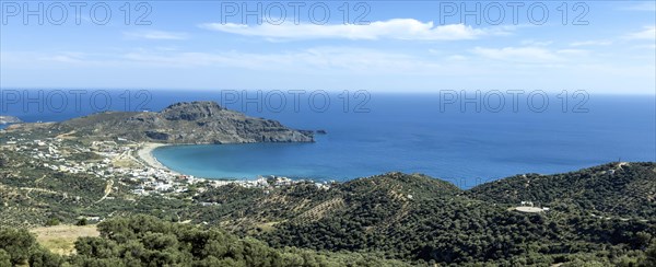 Panoramic photo from elevated position on landscape at south coast of island Crete over in