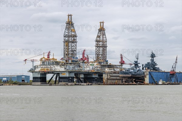 ENSCO 8506 offshore oil drilling platform rig in the Port of Galveston, Texas, United States of