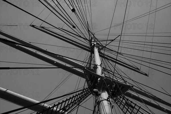 Old sailing ship in the Hamburg Harbour Museum, black and white, Hanseatic City of Hamburg,