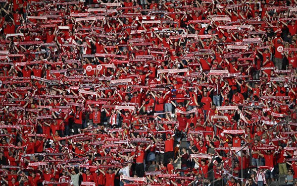 Fan curve, fan block, scarves, many fans in red, atmospheric, 1. FC Kaiserslautern, 81st DFB Cup