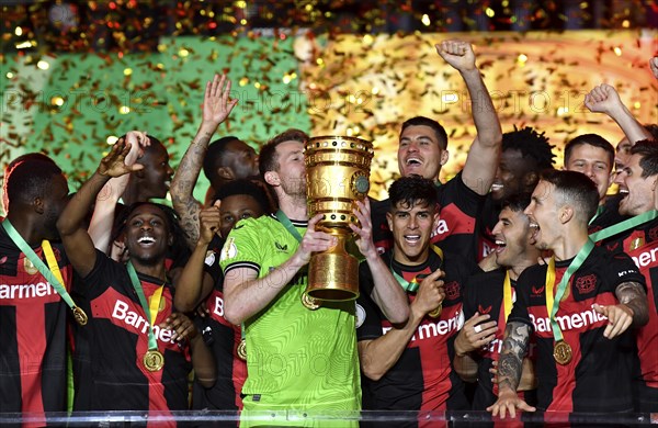 Cheering, joy, victory celebration, honour, award ceremony of the cup winner Bayer 04 Leverkusen,