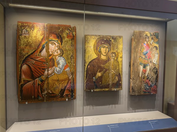 Three old historical icons placed in the UNESCO World Heritage Monastery of Moni Arkadi Arkadi