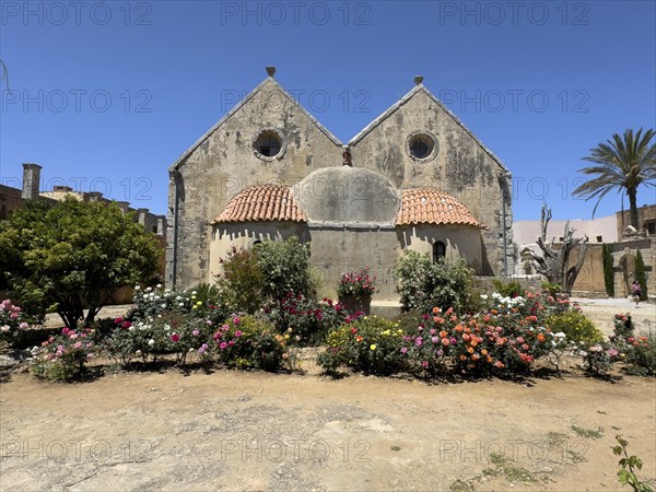 View of rear wall of double-aisled church building Church of Arkadi Monastery with double apse in