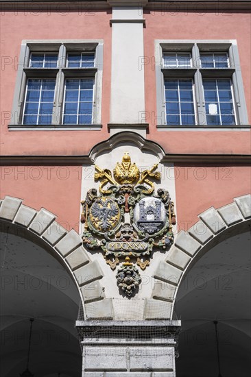 Coat of arms on the old theatre in the historic old town of Ravensburg, on the left the imperial